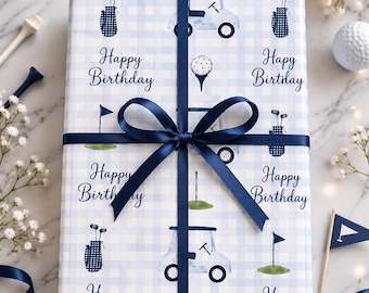 Happy Birthday Golf Pattern Wrapping Paper | Blue Gingham Illustration