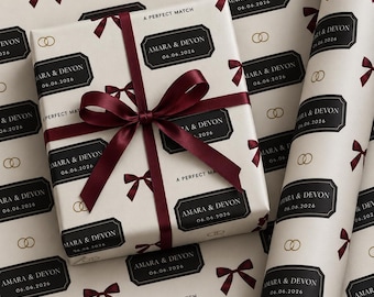 Personalized Wedding Wrapping Paper, Custom Couple Names and Date Gift Wrap, Burgundy Bow Wedding Paper, Anniversary Gift Wrap