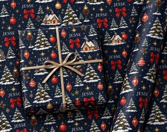 Personalized Christmas Wrapping Paper with Name, Navy Blue Holiday Gift Wrap, Christmas Tree and Ornament Gift Wrap