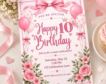 Invito di compleanno per il decimo compleanno con fiocco rosa, invito floreale per compleanno da bambina, invito per festa di compleanno modificabile su Canva, download digitale BGI19