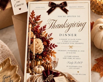 Elegante invito per la cena del Ringraziamento, modello modificabile su Canva, invito per una cena autunnale color bordeaux e oro, invito digitale 5x7, TI10