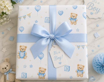 Blue Teddy Bears Baby Shower Wrapping Paper | Nursery Pattern Gift Wrap Its a Boy