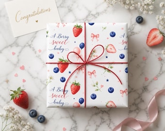 Strawberry Blueberry Watercolor Pattern Wrapping Paper | Holiday Floral Berries A Berry Sweet Baby