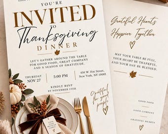 Modello di invito modificabile per la cena del Ringraziamento, elegante invito per il Ringraziamento, invito per una cena autunnale, modello Canva, TI8
