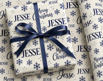Personalized Christmas Wrapping Paper with Name, Navy Blue Snowflake Gift Wrap, Custom Holiday Paper, Merry Christmas Wrap, Snowflakes