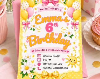 Invito di compleanno per bambina di 6 anni modificabile, invito di compleanno rosa e giallo con margherite, invito per festa con fiocco e sole, Canva modificabile 5x7 BGI14