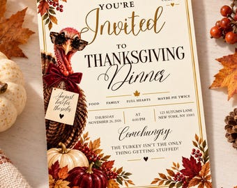 Divertente modello di invito per la cena del Ringraziamento, invito del Ringraziamento modificabile su Canva, invito per la festa del Ringraziamento a base di tacchino, download immediato, TI3