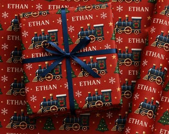 Personalized Christmas Train Wrapping Paper with Name, Red Kids Holiday Gift Wrap
