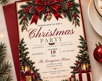 Invito di Natale elegante e modificabile, con fiocco in velluto rosso, per la cena di Natale, formato Canva 5x7, CI14
