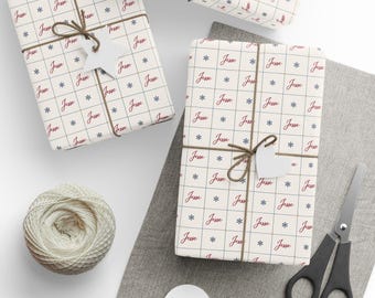 Personalized Christmas Wrapping Paper with Name, Custom Holiday Gift Wrap, Red and Navy Snowflake Christmas Paper