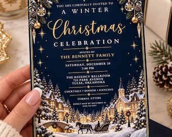 Winter Christmas Party Invitation Template | Navy Blue & Gold Elegant Holiday Invite | Christmas Celebration | Editable Canva Invite CI5