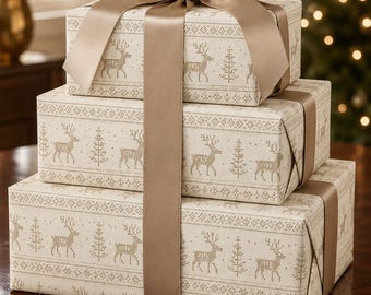 Ivory Nordic Reindeer Pattern Wrapping Paper | Beige Holiday Gift Wrap Roll