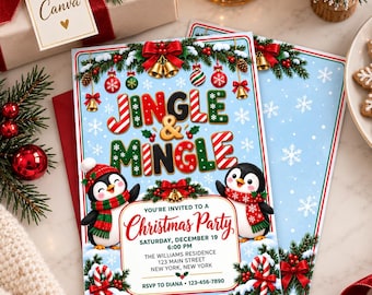 Zaproszenie na świąteczną imprezę Jingle & Mingle | Zaproszenie na świąteczną kolację z motywem pingwina | Świąteczna kolacja wigilijna | Edytowalny szablon Canva CI7