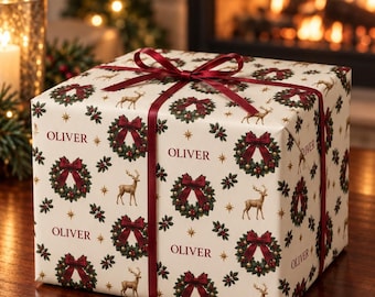 Personalized Christmas Wrapping Paper with Name, Elegant Wreath and Reindeer Gift Wrap