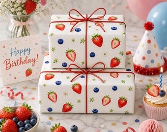 Strawberry Blueberry Pattern Wrapping Paper | Fruit Floral Gift Wrap Roll Berry Sweet baby or Birthday
