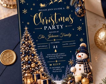 Modèle d'invitation modifiable pour une fête de Noël | Invitation bleu marine et or | Invitation élégante pour un dîner de Noël | Modèle Canva, CI2