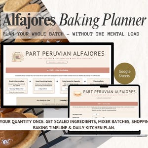 Può includere: Un pianificatore digitale per la preparazione di Alfajores visualizzato su due schermi, con il testo Alfajores Baking Planner, Part Peruvian Alfajores e Google Sheets. L'interfaccia include campi per date, tempistiche e ingredienti.