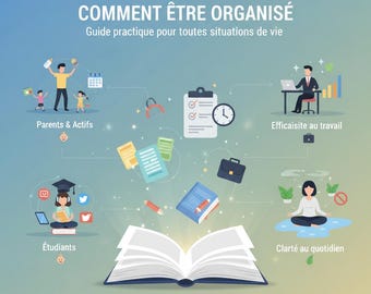 May include: An infographic with the title "COMMENT ÊTRE ORGANISÉ" and the subtitle "Guide practique pour toutes situations de vie". The image depicts various scenarios, including parents, students, and workplace efficiency, with the call to action "TÉLCHARGEZ VOTORE GUIDE".