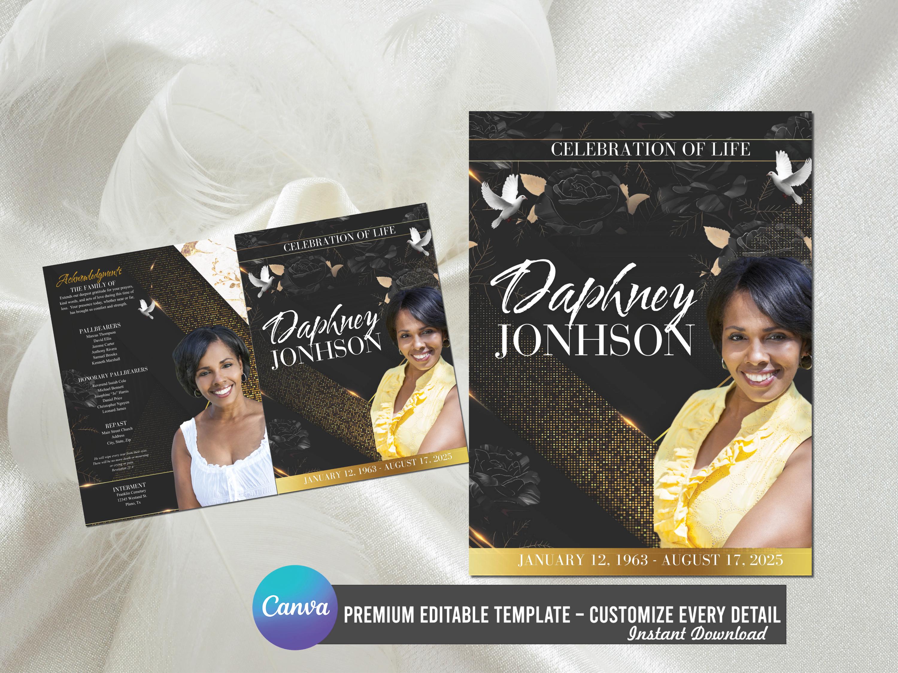 Black and Gold Funeral Program Template Canva | Memorial Service ...
