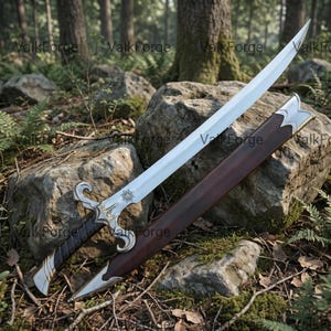 May include: A silver sword with an ornate handle and a brown sheath rests on a mossy rock. The blade is long and curved, with a sunburst design near the handle. The sheath is made of dark brown wood with silver accents.