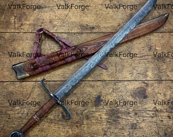 Hand-Forged Damascus Falchion Sword: Gothic Medieval Beast of Gévaudan Replica