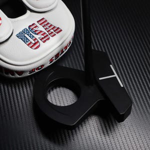 May include: A black golf putter with a white line design and a matching head cover. The head cover is white with the word "USA" in red, white, and blue, and the words "STATES OF AMERICA" in red.