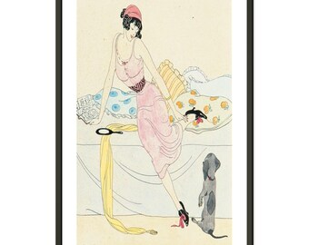 Poster encadré art déco « La dame avec un chien » - Décoration d'intérieur élégante