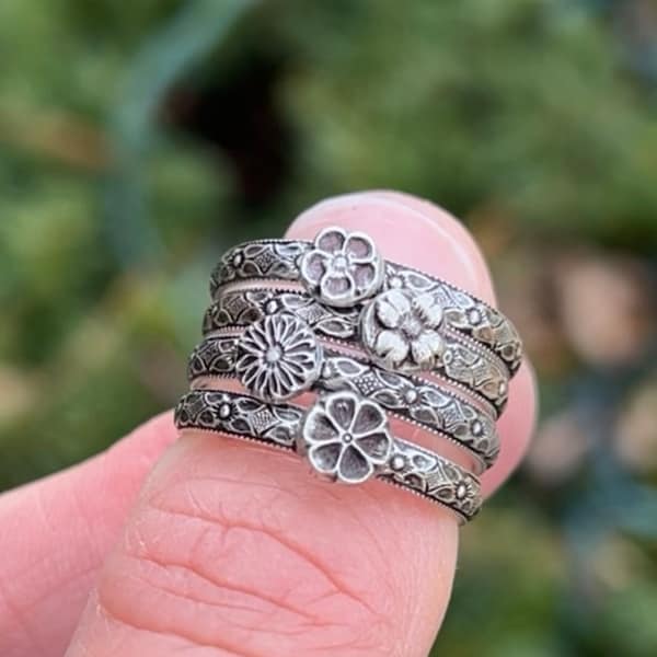 Sterling Silver Flower Stacking Rings - Violet - Daisy - Cherry Blossom - Dahlia - handcrafted