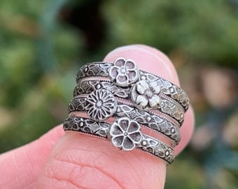 Sterling Silver Flower Stacking Rings - Violet - Daisy - Cherry Blossom - Dahlia - handcrafted