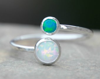 6mm and 4mm ADJUSTABLE OPAL Stacking ring ~ Opal ring - Sterling SIlver Opal Ring - Adjustable Gemstone Ring