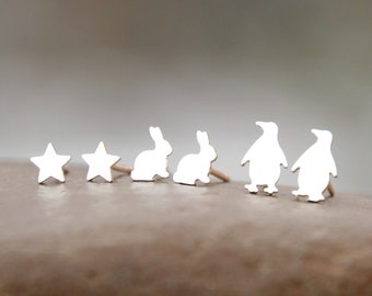 TINY STERLING SILVER Earrings - pengiun earrings - star earrings - bunny earrings - tiny stud earrings