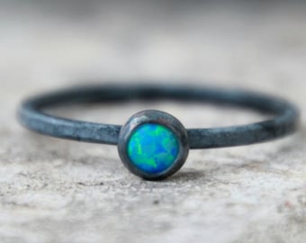 OXIDIZED OPAL RING - Opal Stacking ring ~ Opal ring - sterling opal ring - Gemstone Ring - black opal ring - stacking gemstone ring