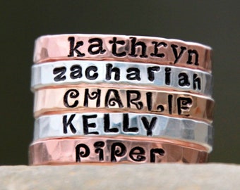 HAND STAMPED NAME rING - Personalized Gold, silver, pink gold hammered rings - kids name rings - organic rings - hand stamped rings