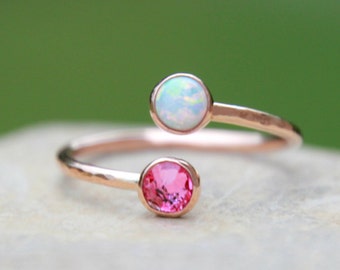 DUAL BIRTHSTONE RING - Rose Gold Dual gemstone Ring - silver - gold - rose gold - Adjustable birthstone Ring - Pink Gold Adjustable ring