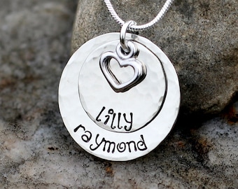 HAND STAMPED NECKLACE - two disc hammered necklace - kids names - mothers necklace - stamped jewelry - textured discs