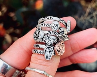 HALLOWEEN STACKING RINGS - spooky rings - ghost ring - pumpkin ring - skull ring - coffin ring - witch ring - bat ring - sterling silver