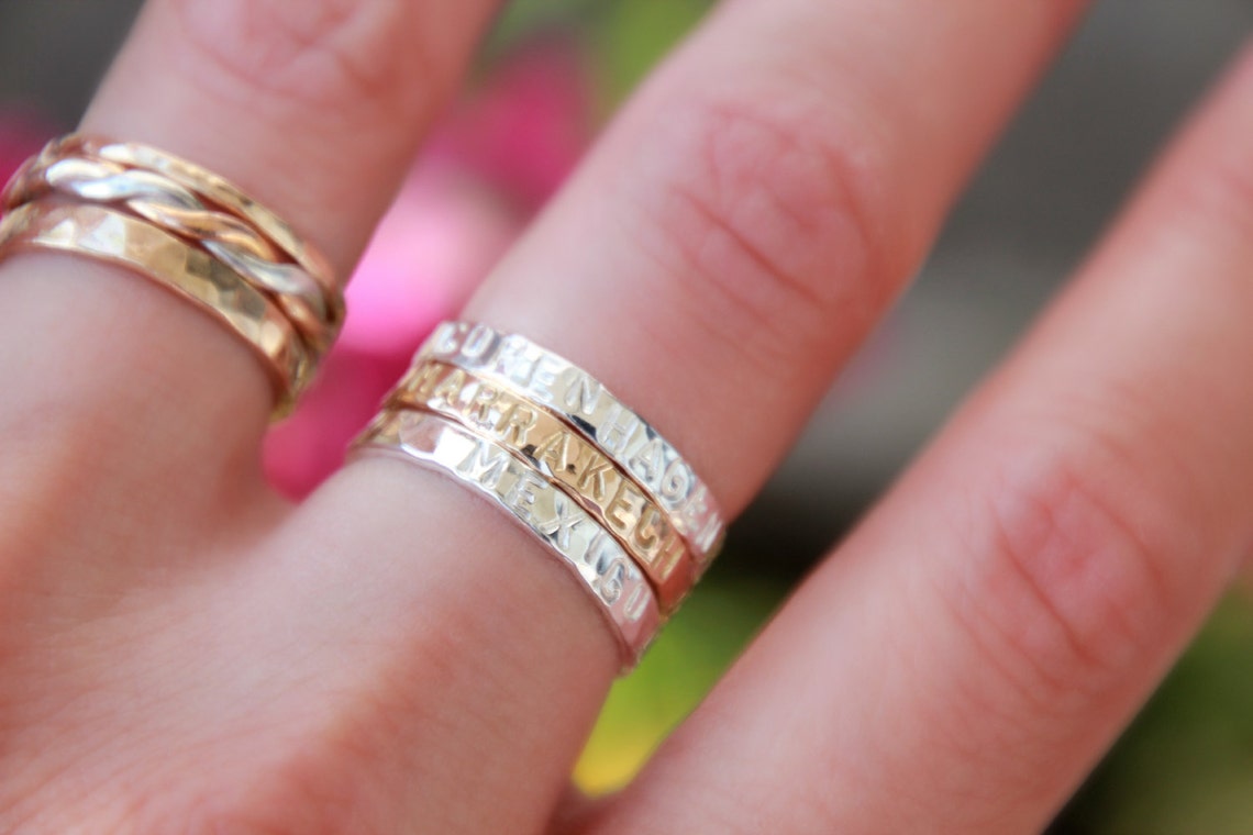 TRAVEL RINGS Hand Stamped Stacking Rings Personalized Etsy