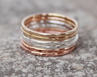 STACKING RINGS - THIN Rings - Stacked Rings- Stackable-Rose Gold, Gold, Sterling Silver Hammered Stacking Rings-thin stacking rings