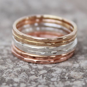 Jewelry - Ring - Rose Pink Gold, Gold, and Sterling Silver Hammered Stacking Rings - thin stacking rings - stackable rings - stackers