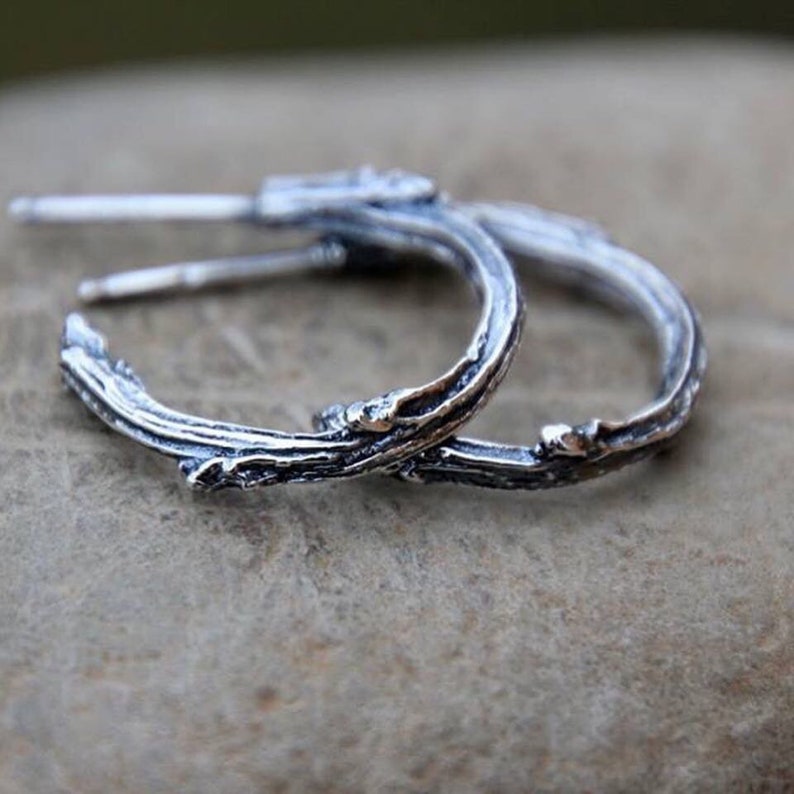 Twig Hoop Earrings sterling silver hoop earrings handcast twig earrings