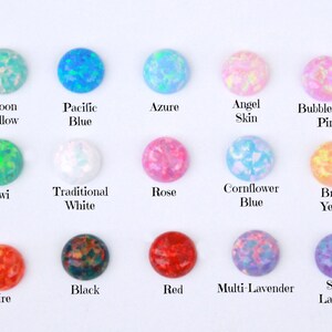 May include: A chart of 15 different opal colors, each with a descriptive name. The colors include: Moon Yellow, Pacific Blue, Azure, Angel Skin, Bubble Gum Pink, Kiwi, Traditional White, Rose, Cornflower Blue, Bright Yellow, Fire, Black, Red, Multi-Lavender, and Sleepy Lavender.