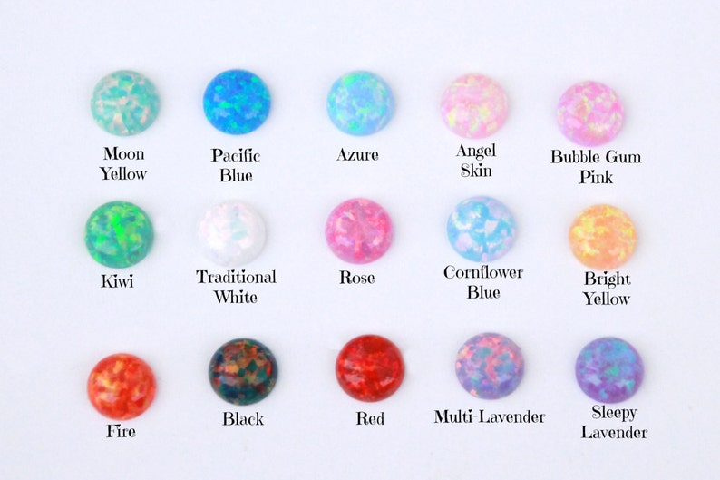 May include: A chart of 15 different opal colors, each with a descriptive name. The colors include: Moon Yellow, Pacific Blue, Azure, Angel Skin, Bubble Gum Pink, Kiwi, Traditional White, Rose, Cornflower Blue, Bright Yellow, Fire, Black, Red, Multi-Lavender, and Sleepy Lavender.