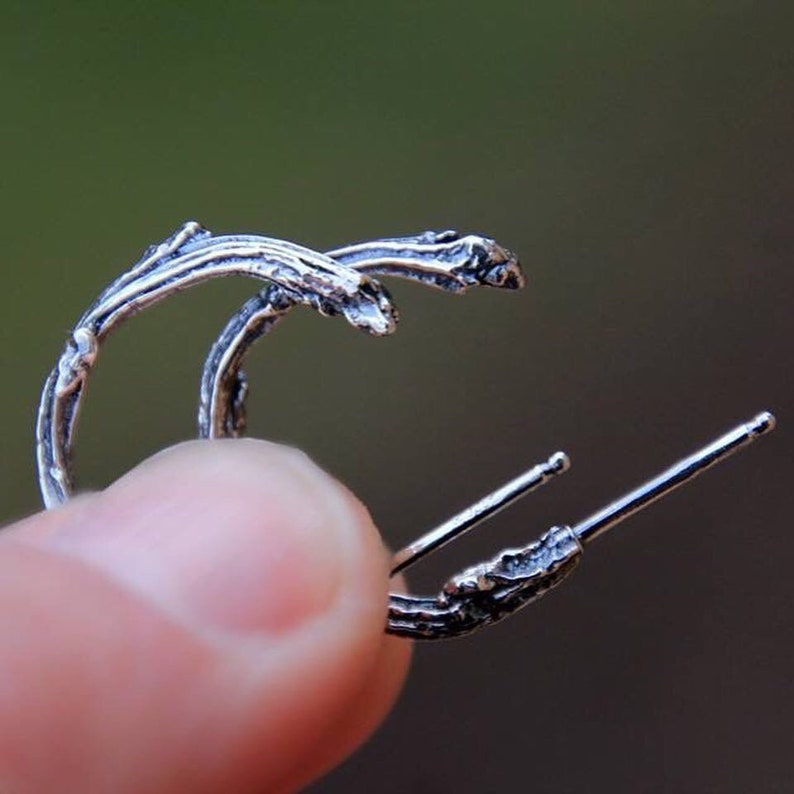 Twig Hoop Earrings sterling silver hoop earrings handcast twig earrings