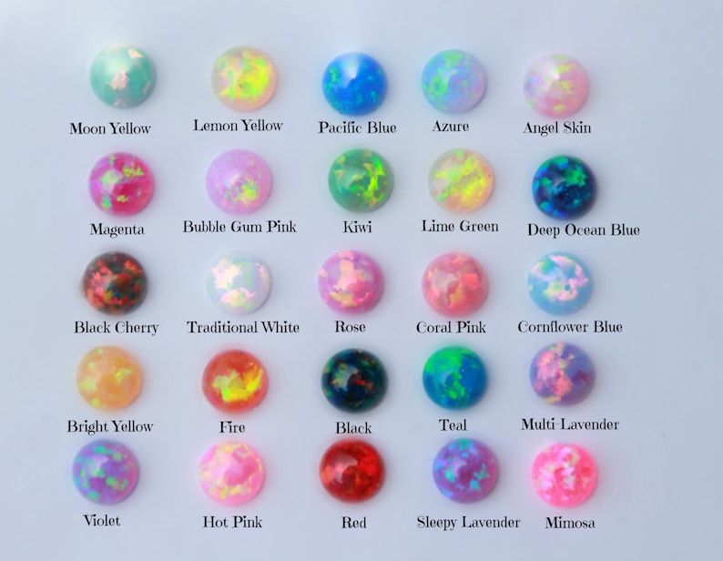 May include: A chart of 18 different opal cabochons, each with a unique color and pattern. The colors include: Moon Yellow, Lemon Yellow, Pacific Blue, Azure, Angel Skin, Magenta, Bubble Gum Pink, Kiwi, Lime Green, Deep Ocean Blue, Black Cherry, Traditional White, Rose, Coral Pink, Cornflower Blue, Bright Yellow, Fire, Black, Teal, Multi Lavender, Violet, Hot Pink, Red, Sleepy Lavender, and Mimosa.