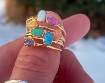 ROSE GOLD OVAL Opal ring - rose gold filled opal ring, opal stacking ring, gemstone stacking ring, october birthstone ring, stacking oval