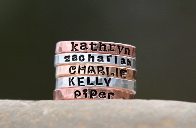 HAND STAMPED NAME rING Personalized Gold, silver, pink gold hammered rings kids name rings organic rings hand stamped rings image 1