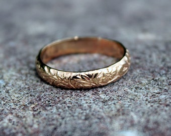 14K Gold Flower Pattern Band - floral stack ring - floral ring - gold floral wedding band