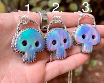 SKULL NECKLACE - skull pendant  - aurora opal skull necklace - Halloween jewelry - witchy jewelry - spooky necklace - spooky jewelry