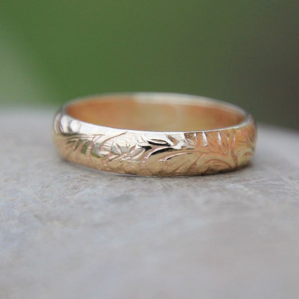 14K Gold Flower Pattern Band - floral stack ring - floral ring - gold floral wedding band