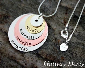 5 Disc Stacked Mixed Metal Hand Stamped Necklace